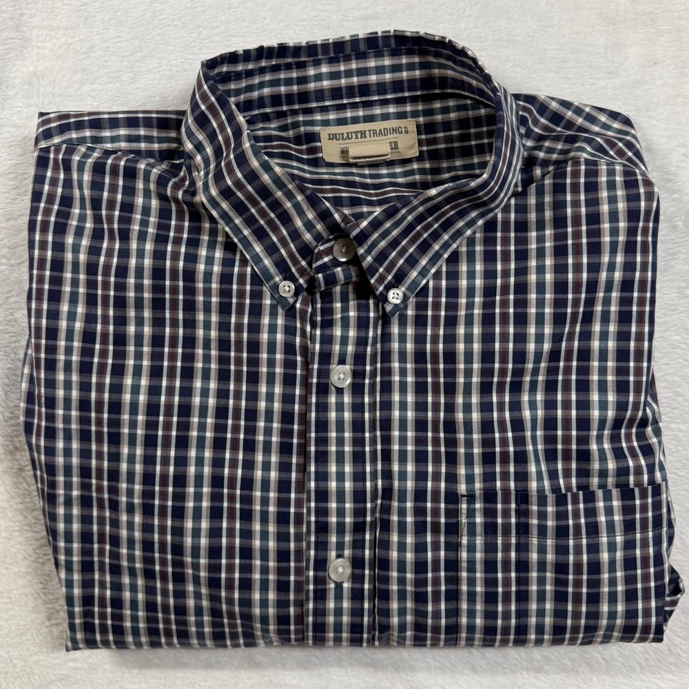 Duluth Trading Co 2XL Blue Plaid Shirt Wrinkle Free Long Sleeve Buttoned Preppy